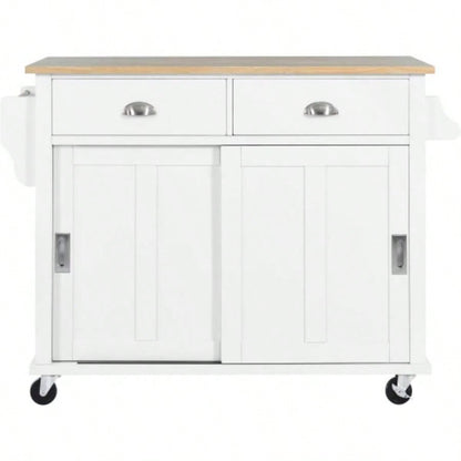 Kitchen Cart with Rubber wood Drop - Leaf Countertop, Concealed sliding barn door adjustable height, Kitchen Island on 4 Wheels with Storage Cabinet and 2 Drawers, L52.2xW30.5xH36.6 inch, White