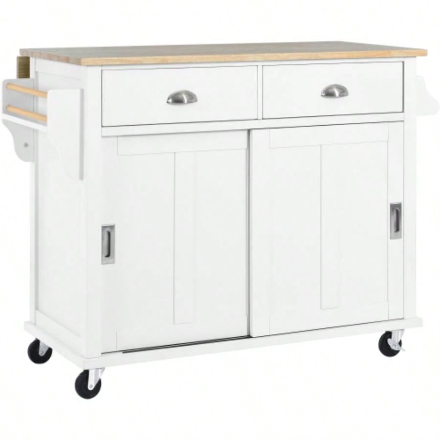 Kitchen Cart with Rubber wood Drop - Leaf Countertop, Concealed sliding barn door adjustable height, Kitchen Island on 4 Wheels with Storage Cabinet and 2 Drawers, L52.2xW30.5xH36.6 inch, White