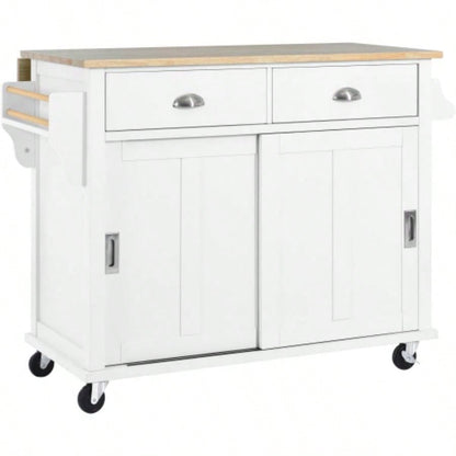 Kitchen Cart with Rubber wood Drop - Leaf Countertop, Concealed sliding barn door adjustable height, Kitchen Island on 4 Wheels with Storage Cabinet and 2 Drawers, L52.2xW30.5xH36.6 inch, White