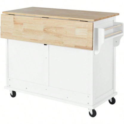 Kitchen Cart with Rubber wood Drop - Leaf Countertop, Concealed sliding barn door adjustable height, Kitchen Island on 4 Wheels with Storage Cabinet and 2 Drawers, L52.2xW30.5xH36.6 inch, White