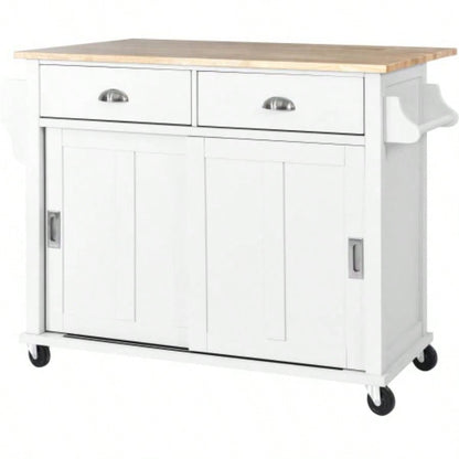 Kitchen Cart with Rubber wood Drop - Leaf Countertop, Concealed sliding barn door adjustable height, Kitchen Island on 4 Wheels with Storage Cabinet and 2 Drawers, L52.2xW30.5xH36.6 inch, White