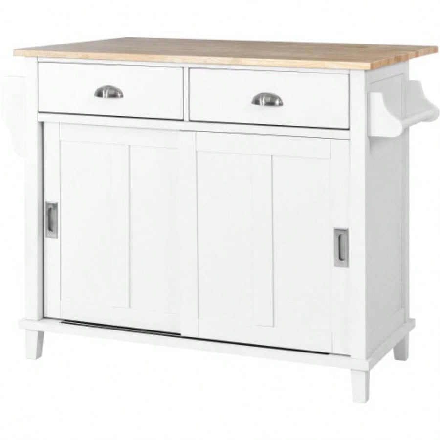 Kitchen Cart with Rubber wood Drop - Leaf Countertop, Concealed sliding barn door adjustable height, Kitchen Island on 4 Wheels with Storage Cabinet and 2 Drawers, L52.2xW30.5xH36.6 inch, White