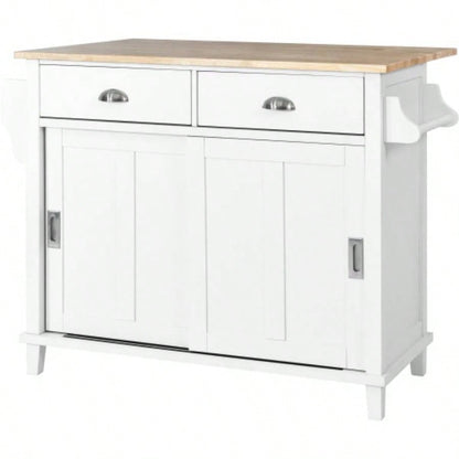 Kitchen Cart with Rubber wood Drop - Leaf Countertop, Concealed sliding barn door adjustable height, Kitchen Island on 4 Wheels with Storage Cabinet and 2 Drawers, L52.2xW30.5xH36.6 inch, White