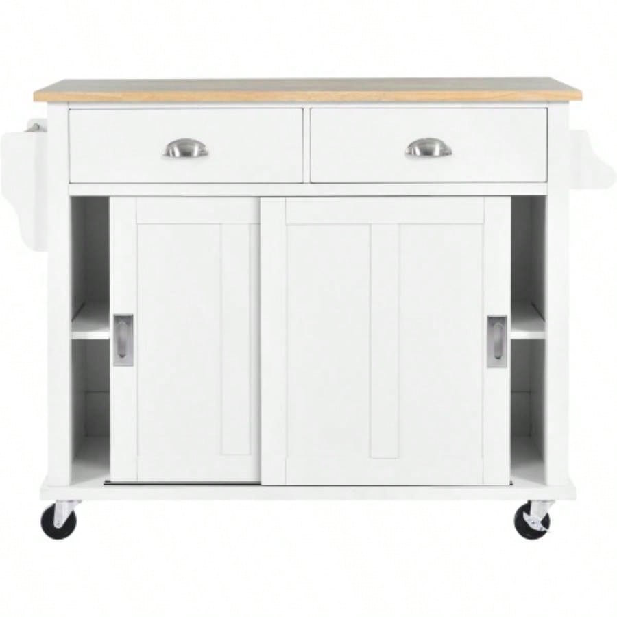 Kitchen Cart with Rubber wood Drop - Leaf Countertop, Concealed sliding barn door adjustable height, Kitchen Island on 4 Wheels with Storage Cabinet and 2 Drawers, L52.2xW30.5xH36.6 inch, White