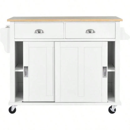 Kitchen Cart with Rubber wood Drop - Leaf Countertop, Concealed sliding barn door adjustable height, Kitchen Island on 4 Wheels with Storage Cabinet and 2 Drawers, L52.2xW30.5xH36.6 inch, White
