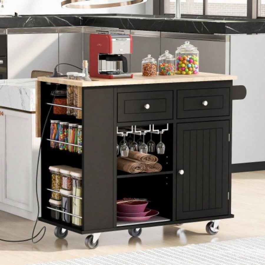 Kitchen Island with Power Outlet, Kitchen Storage Island with Drop Leaf and Rubber Wood, Open Storage and Wine Rack, 5 Wheels, with Adjustable Storage Home, Kitchen, and Dining Room, Black