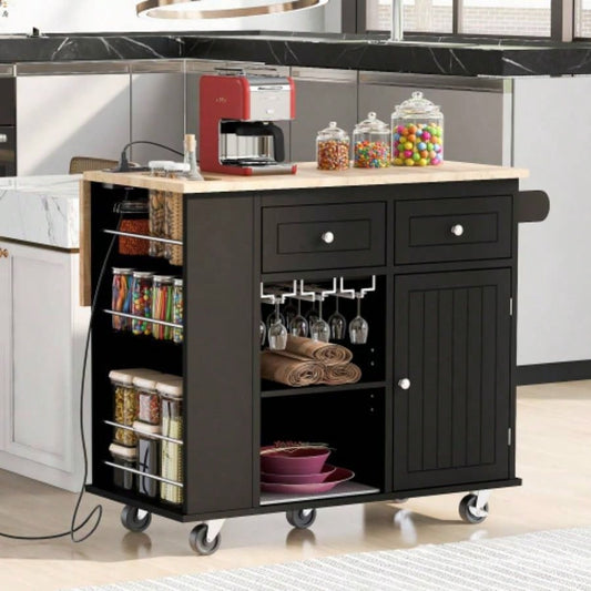 Kitchen Island with Power Outlet, Kitchen Storage Island with Drop Leaf and Rubber Wood, Open Storage and Wine Rack, 5 Wheels, with Adjustable Storage Home, Kitchen, and Dining Room, Black