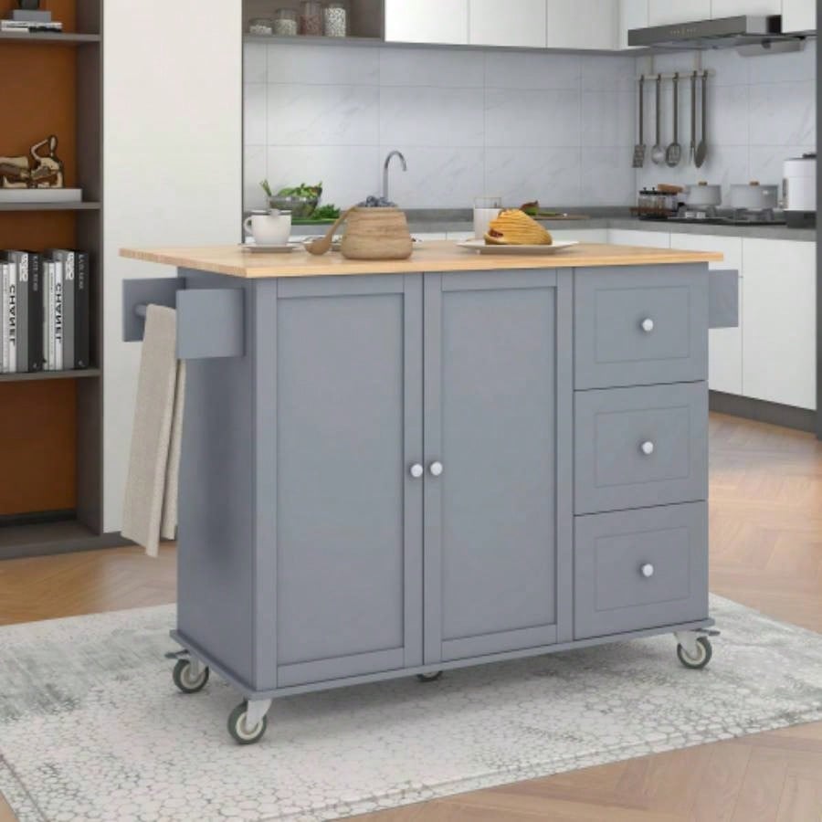 Rolling Mobile Kitchen Island with Solid Wood Top and Locking Wheels, 52. Inch Width, Storage Cabinet and Drop Leaf Breakfast Bar, Spice Rack, Towel Rack Drawer Blue