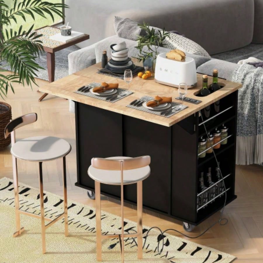 Kitchen Island with Power Outlet, Kitchen Storage Island with Drop Leaf and Rubber Wood, Open Storage and Wine Rack, 5 Wheels, with Adjustable Storage Home, Kitchen, and Dining Room, Black