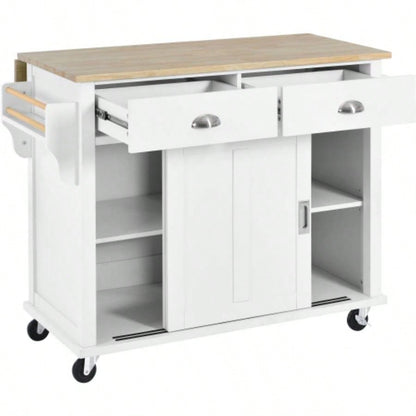 Kitchen Cart with Rubber wood Drop - Leaf Countertop, Concealed sliding barn door adjustable height, Kitchen Island on 4 Wheels with Storage Cabinet and 2 Drawers, L52.2xW30.5xH36.6 inch, White