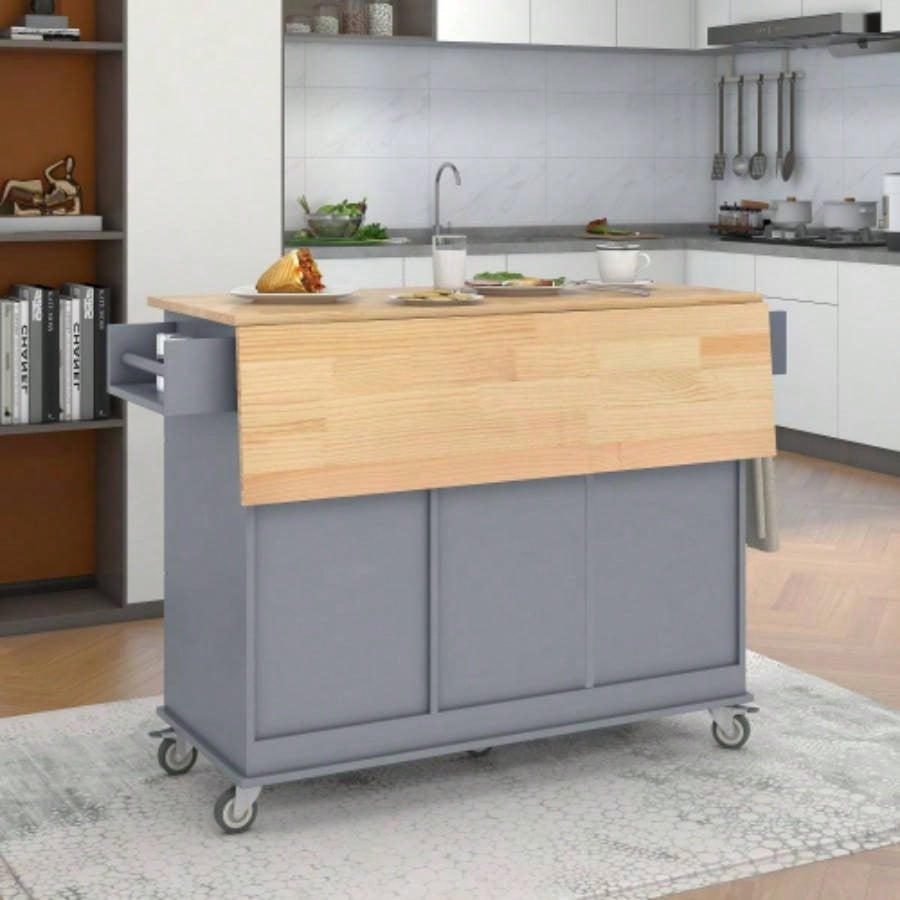 Rolling Mobile Kitchen Island with Solid Wood Top and Locking Wheels, 52. Inch Width, Storage Cabinet and Drop Leaf Breakfast Bar, Spice Rack, Towel Rack Drawer Blue