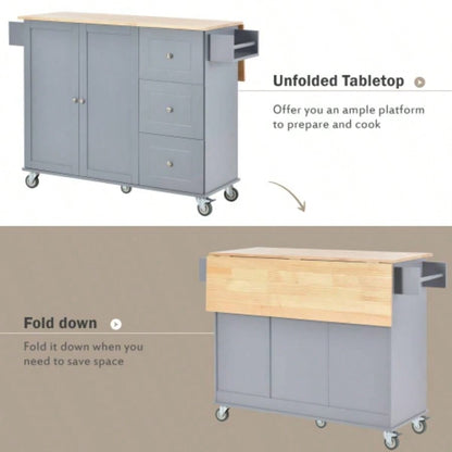 Rolling Mobile Kitchen Island with Solid Wood Top and Locking Wheels, 52. Inch Width, Storage Cabinet and Drop Leaf Breakfast Bar, Spice Rack, Towel Rack Drawer Blue