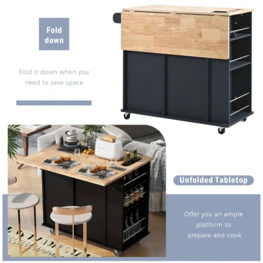 Kitchen Island with Power Outlet, Kitchen Storage Island with Drop Leaf and Rubber Wood, Open Storage and Wine Rack, 5 Wheels, with Adjustable Storage Home, Kitchen, and Dining Room, Black