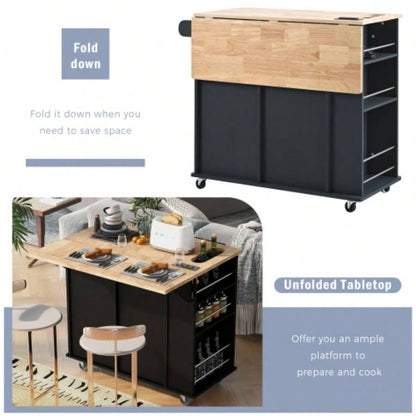 Kitchen Island with Power Outlet, Kitchen Storage Island with Drop Leaf and Rubber Wood, Open Storage and Wine Rack, 5 Wheels, with Adjustable Storage Home, Kitchen, and Dining Room, Black