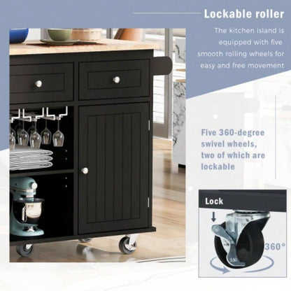 Kitchen Island with Power Outlet, Kitchen Storage Island with Drop Leaf and Rubber Wood, Open Storage and Wine Rack, 5 Wheels, with Adjustable Storage Home, Kitchen, and Dining Room, Black