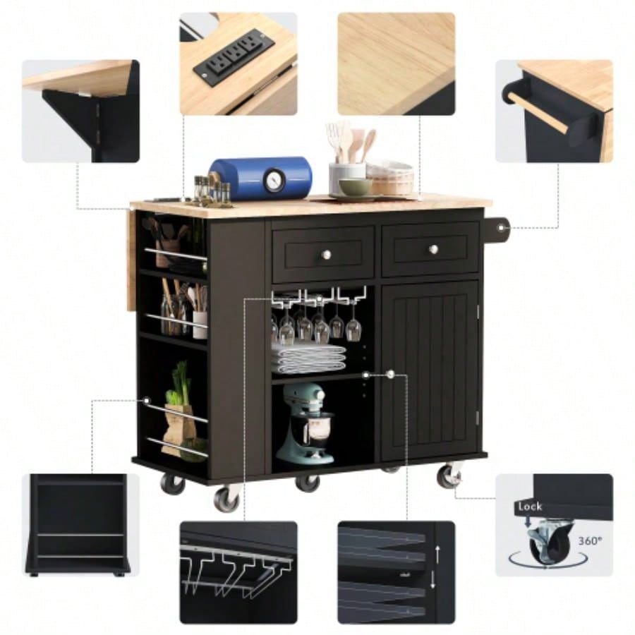 Kitchen Island with Power Outlet, Kitchen Storage Island with Drop Leaf and Rubber Wood, Open Storage and Wine Rack, 5 Wheels, with Adjustable Storage Home, Kitchen, and Dining Room, Black