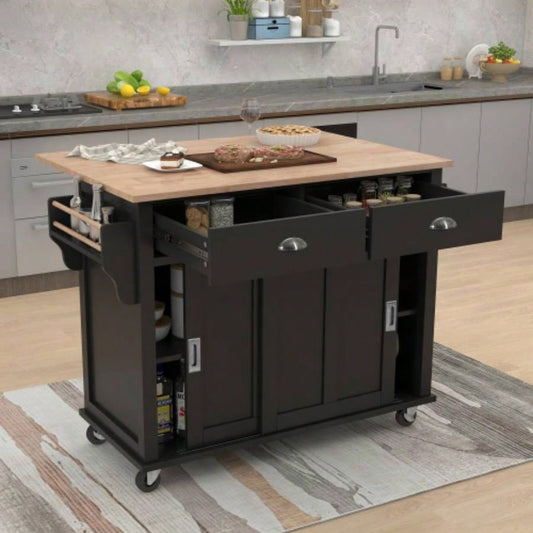 Kitchen Cart with Rubber wood Drop - Leaf Countertop, Concealed sliding barn door adjustable height, Kitchen Island on 4 Wheels with Storage Cabinet and 2 Drawers, L52.2xW30.5xH36.6 inch, Black