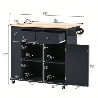 Kitchen Island with Power Outlet, Kitchen Storage Island with Drop Leaf and Rubber Wood, Open Storage and Wine Rack, 5 Wheels, with Adjustable Storage Home, Kitchen, and Dining Room, Black