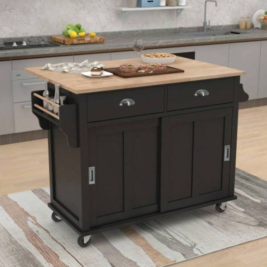 Kitchen Cart with Rubber wood Drop - Leaf Countertop, Concealed sliding barn door adjustable height, Kitchen Island on 4 Wheels with Storage Cabinet and 2 Drawers, L52.2xW30.5xH36.6 inch, Black