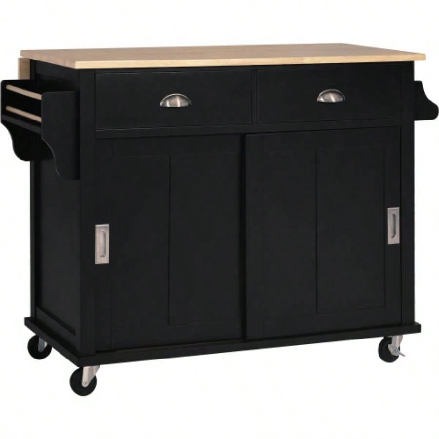 Kitchen Cart with Rubber wood Drop - Leaf Countertop, Concealed sliding barn door adjustable height, Kitchen Island on 4 Wheels with Storage Cabinet and 2 Drawers, L52.2xW30.5xH36.6 inch, Black