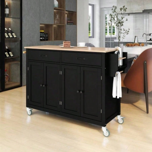 Kitchen Island Cart with Solid Wood Top and Locking Wheels, 54.3 Inch Width, 4 Door Cabinet and Two Drawers, Spice Rack, Towel Rack Black