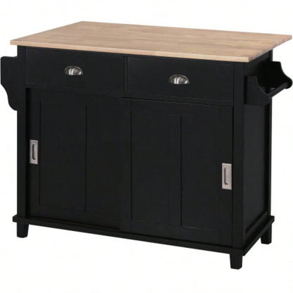 Kitchen Cart with Rubber wood Drop - Leaf Countertop, Concealed sliding barn door adjustable height, Kitchen Island on 4 Wheels with Storage Cabinet and 2 Drawers, L52.2xW30.5xH36.6 inch, Black