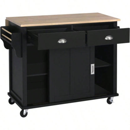 Kitchen Cart with Rubber wood Drop - Leaf Countertop, Concealed sliding barn door adjustable height, Kitchen Island on 4 Wheels with Storage Cabinet and 2 Drawers, L52.2xW30.5xH36.6 inch, Black