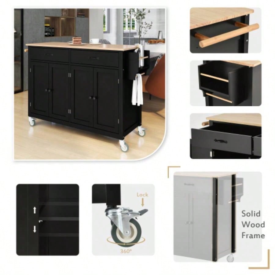 Kitchen Island Cart with Solid Wood Top and Locking Wheels, 54.3 Inch Width, 4 Door Cabinet and Two Drawers, Spice Rack, Towel Rack Black