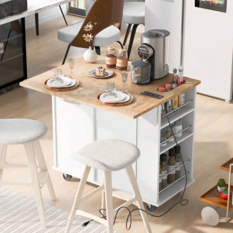 Kitchen Island with Power Outlet, Kitchen Storage Island with Drop Leaf and Rubber Wood, Open Storage and Wine Rack, 5 Wheels, with Adjustable Storage Home, Kitchen, and Dining Room, White