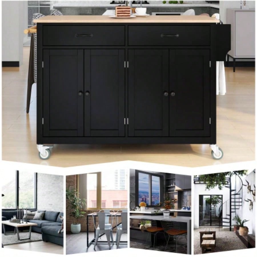 Kitchen Island Cart with Solid Wood Top and Locking Wheels, 54.3 Inch Width, 4 Door Cabinet and Two Drawers, Spice Rack, Towel Rack Black