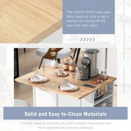 Kitchen Island with Power Outlet, Kitchen Storage Island with Drop Leaf and Rubber Wood, Open Storage and Wine Rack, 5 Wheels, with Adjustable Storage Home, Kitchen, and Dining Room, White