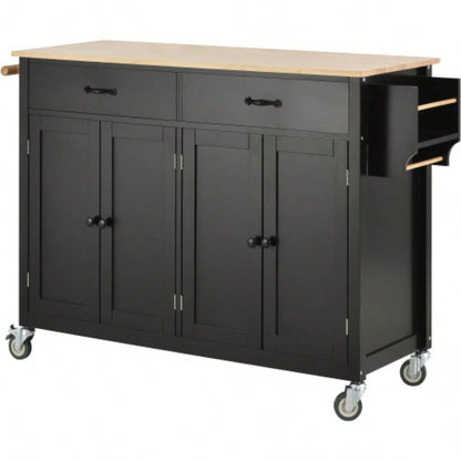 Kitchen Island Cart with Solid Wood Top and Locking Wheels, 54.3 Inch Width, 4 Door Cabinet and Two Drawers, Spice Rack, Towel Rack Black