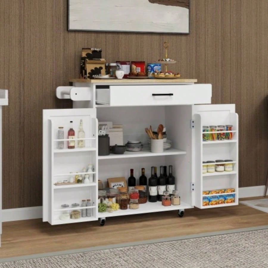 Kitchen island rolling trolley cart with 1 drawer 2 doors with storage racks Adjustable Shelves towel rack seasoning rack rubber wood table top - White