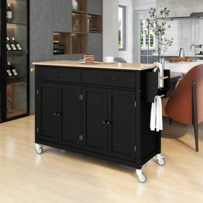 Kitchen Island Cart with Solid Wood Top and Locking Wheels, 54.3 Inch Width, 4 Door Cabinet and Two Drawers, Spice Rack, Towel Rack Black