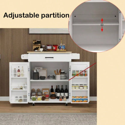 Kitchen island rolling trolley cart with 1 drawer 2 doors with storage racks Adjustable Shelves towel rack seasoning rack rubber wood table top - White
