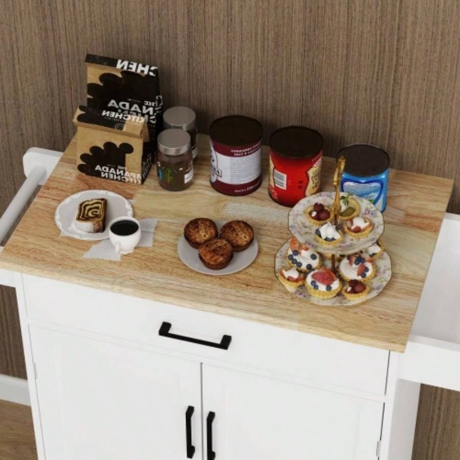 Kitchen island rolling trolley cart with 1 drawer 2 doors with storage racks Adjustable Shelves towel rack seasoning rack rubber wood table top - White