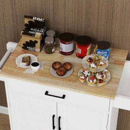 Kitchen island rolling trolley cart with 1 drawer 2 doors with storage racks Adjustable Shelves towel rack seasoning rack rubber wood table top - White