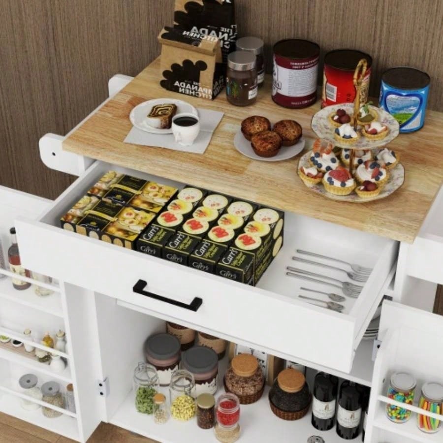 Kitchen island rolling trolley cart with 1 drawer 2 doors with storage racks Adjustable Shelves towel rack seasoning rack rubber wood table top - White