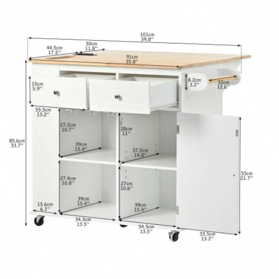 Kitchen Island with Power Outlet, Kitchen Storage Island with Drop Leaf and Rubber Wood, Open Storage and Wine Rack, 5 Wheels, with Adjustable Storage Home, Kitchen, and Dining Room, White