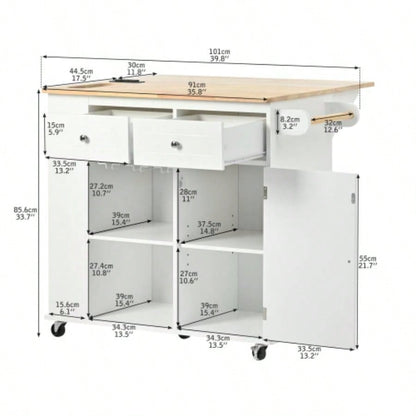 Kitchen Island with Power Outlet, Kitchen Storage Island with Drop Leaf and Rubber Wood, Open Storage and Wine Rack, 5 Wheels, with Adjustable Storage Home, Kitchen, and Dining Room, White