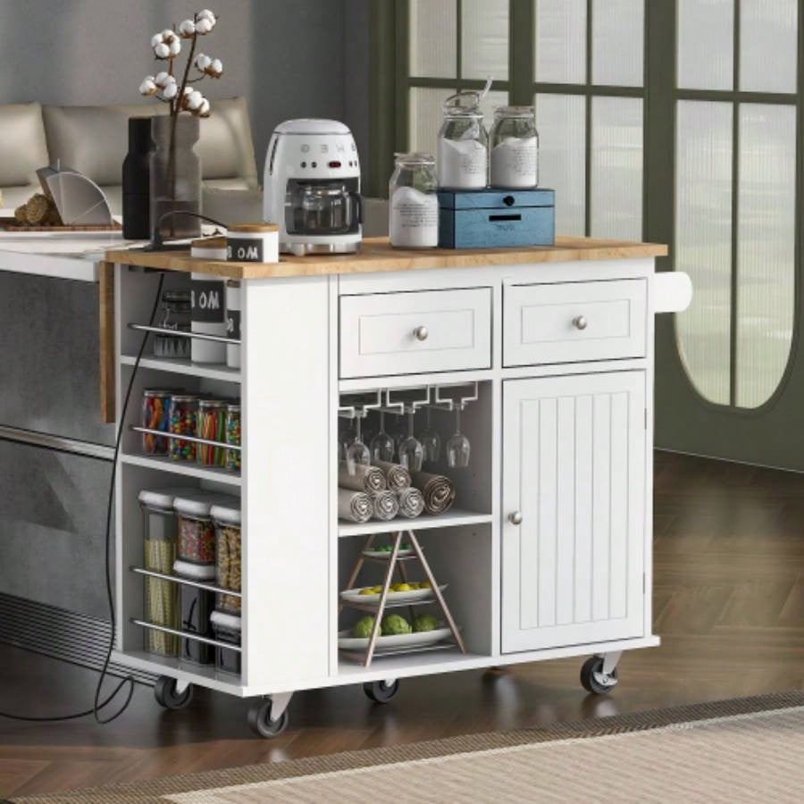 Kitchen Island with Power Outlet, Kitchen Storage Island with Drop Leaf and Rubber Wood, Open Storage and Wine Rack, 5 Wheels, with Adjustable Storage Home, Kitchen, and Dining Room, White