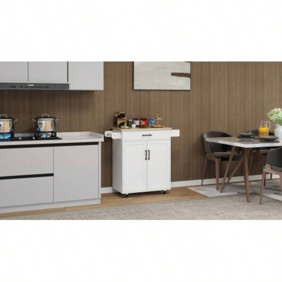 Kitchen island rolling trolley cart with 1 drawer 2 doors with storage racks Adjustable Shelves towel rack seasoning rack rubber wood table top - White
