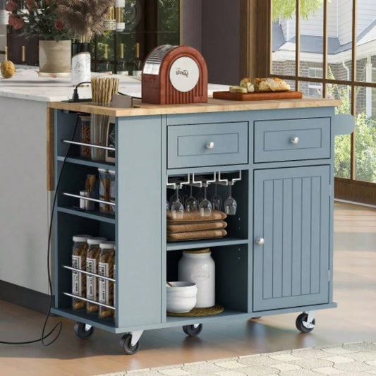 Kitchen Island with Power Outlet, Kitchen Storage Island with Drop Leaf and Rubber Wood, Open Storage and Wine Rack, 5 Wheels, with Adjustable Storage Home, Kitchen, and Dining Room, Blue