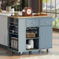 Kitchen Island with Power Outlet, Kitchen Storage Island with Drop Leaf and Rubber Wood, Open Storage and Wine Rack, 5 Wheels, with Adjustable Storage Home, Kitchen, and Dining Room, Blue