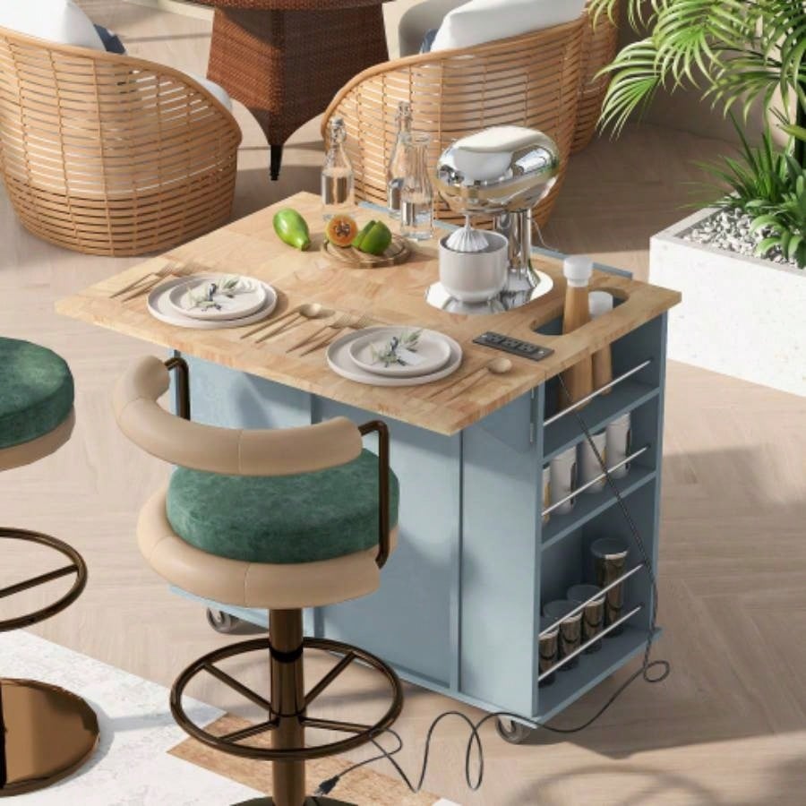 Kitchen Island with Power Outlet, Kitchen Storage Island with Drop Leaf and Rubber Wood, Open Storage and Wine Rack, 5 Wheels, with Adjustable Storage Home, Kitchen, and Dining Room, Blue
