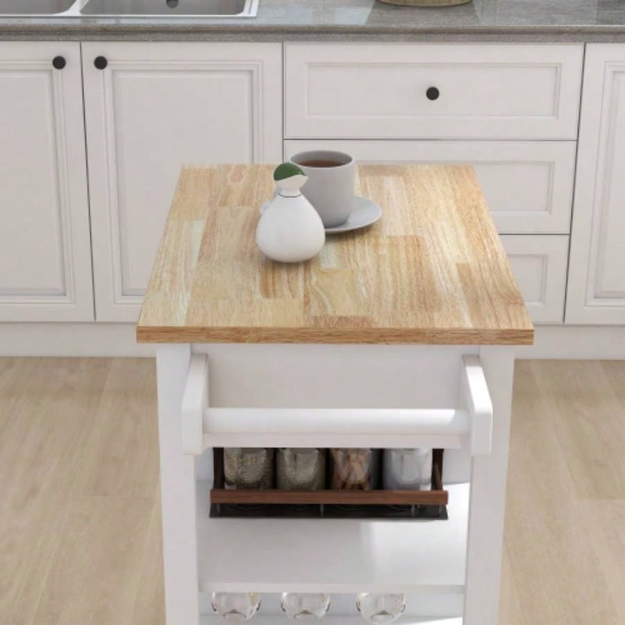 Kitchen island rolling trolley cart with Adjustable Shelves and towel rack rubber wood table top