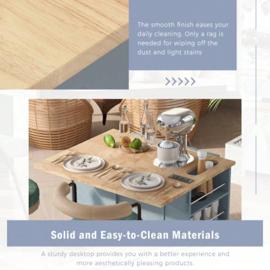 Kitchen Island with Power Outlet, Kitchen Storage Island with Drop Leaf and Rubber Wood, Open Storage and Wine Rack, 5 Wheels, with Adjustable Storage Home, Kitchen, and Dining Room, Blue