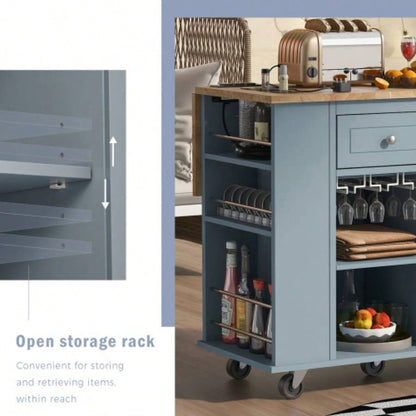 Kitchen Island with Power Outlet, Kitchen Storage Island with Drop Leaf and Rubber Wood, Open Storage and Wine Rack, 5 Wheels, with Adjustable Storage Home, Kitchen, and Dining Room, Blue