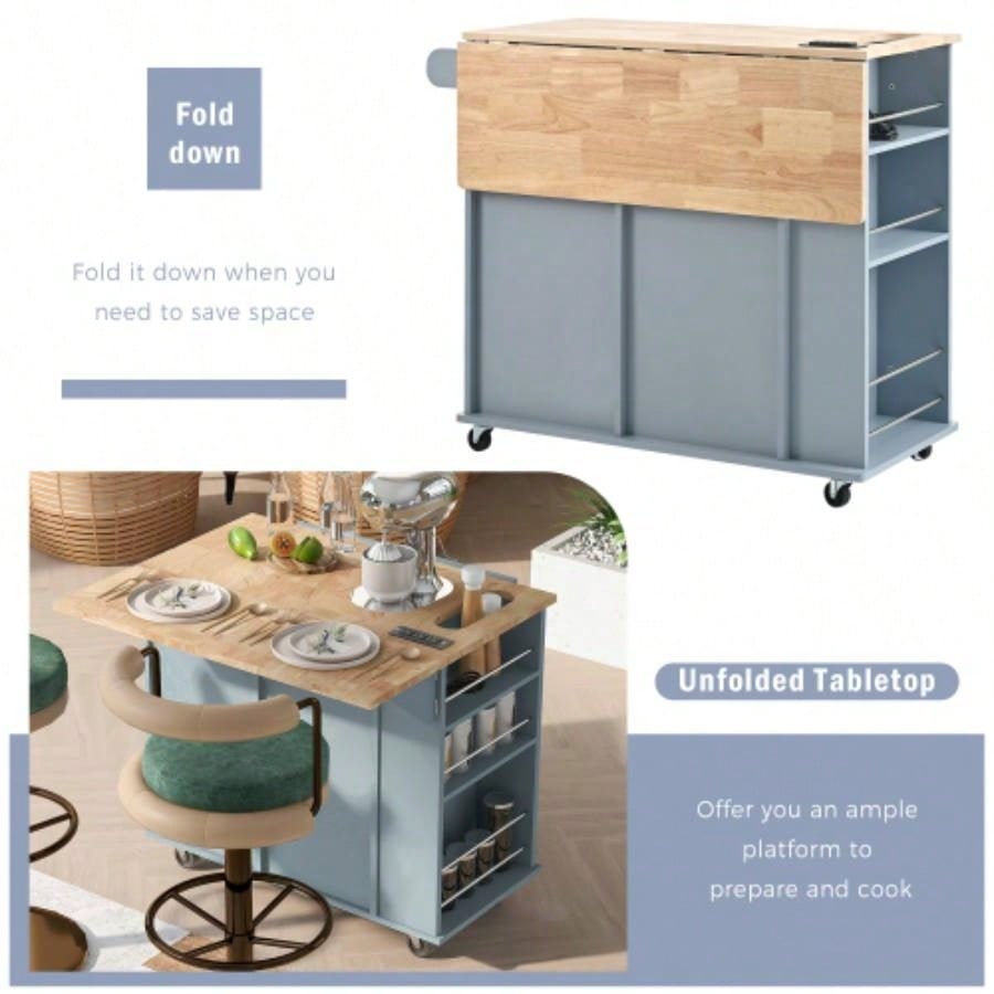 Kitchen Island with Power Outlet, Kitchen Storage Island with Drop Leaf and Rubber Wood, Open Storage and Wine Rack, 5 Wheels, with Adjustable Storage Home, Kitchen, and Dining Room, Blue