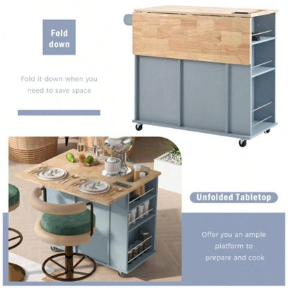 Kitchen Island with Power Outlet, Kitchen Storage Island with Drop Leaf and Rubber Wood, Open Storage and Wine Rack, 5 Wheels, with Adjustable Storage Home, Kitchen, and Dining Room, Blue